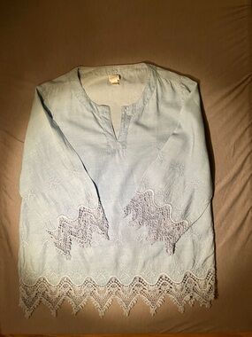 Chico's Light Blue Embroidered Lace-Hem Tunic